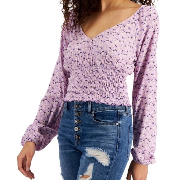 SELF ESTEEM Juniors' Floral-Print Surplice Smocked-Hem Top shirt Orchid Bloom L - Picture 5 of 8